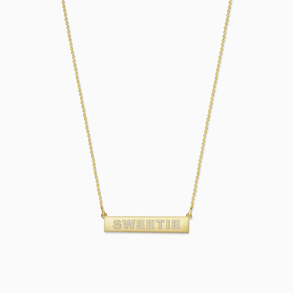 Engravable, 1.25 inch 14k Gold Diamond SWEETIE Horizontal Name Bar Necklace (NYG220217)