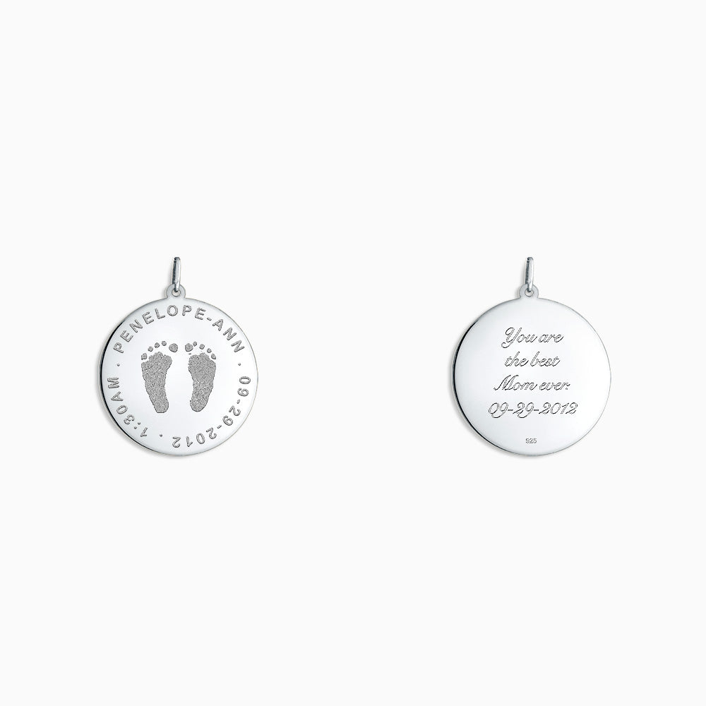 Engravable 1 inch Sterling Silver Disc Charm Pendant with Actual Baby Footprints