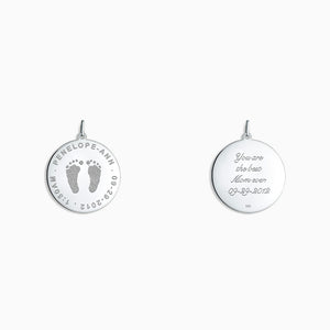 Engravable 1 inch Sterling Silver Disc Charm Pendant with Actual Baby Footprints Engraved on the Front and Text Inscription on the Back