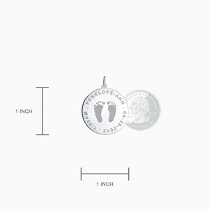 Engravable 1 inch Sterling Silver Disc Charm Pendant with Actual Baby Footprints - Size Detail