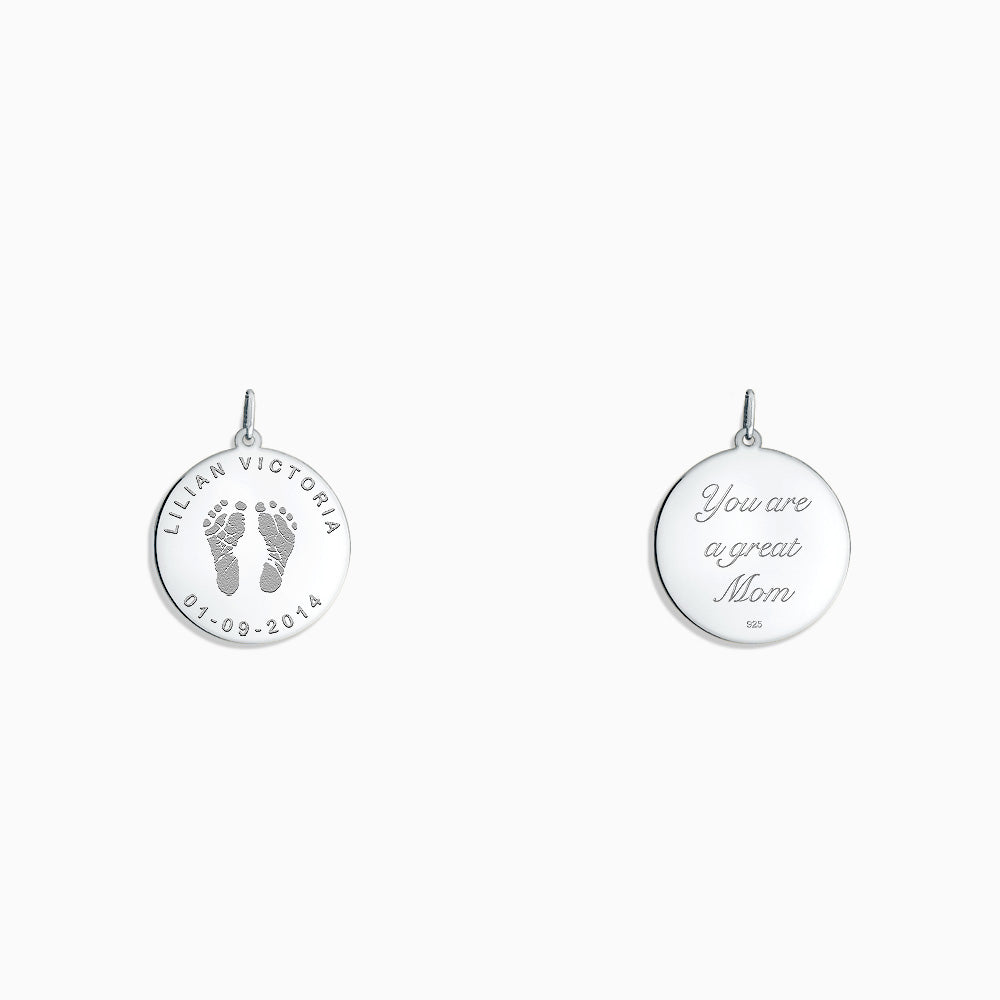 Engraved 7/8 inch Sterling Silver Disc Charm Pendant with Actual Baby Footprints