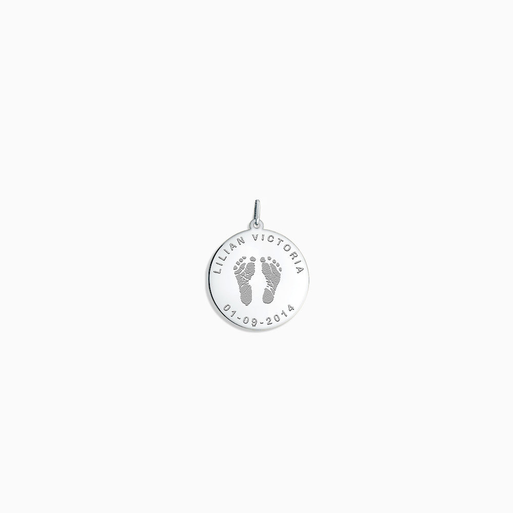 Engraved 7/8 inch Sterling Silver Disc Charm Pendant with Actual Baby Footprints
