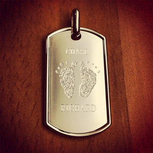 Engravable Men's Large Sterling Silver Raised Edge Dog Tag Pendant Custom Engraving of Baby Footprints and Name