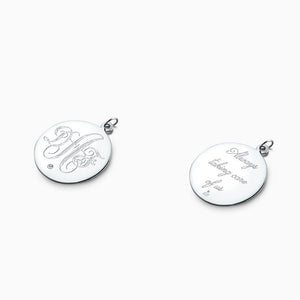 Engravable 1 inch Sterling Silver Monogram Disc Charm Necklace with Single Diamond - Pendant engraving on the Front and Back
