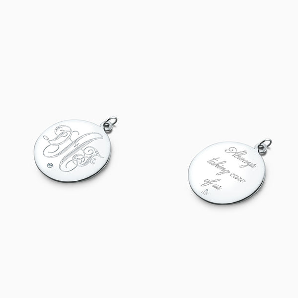 Engravable 1 inch Sterling Silver Monogram Disc Charm Necklace with Single Diamond