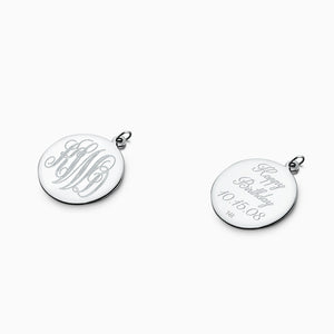 Engravable 1 inch 14k White Gold Monogram Disc Charm Pendant - Front Engraved with Monogram - Back Engraved with Text