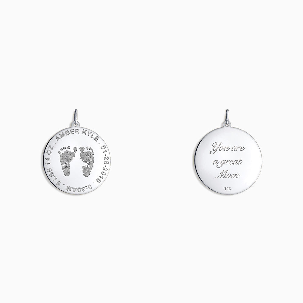 Engravable 1 inch, 14k White Gold Disc Charm Pendant with Actual Baby Footprints