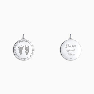 1 inch, 14k White Gold Custom Engraved Actual Baby Footprint Disc Charm Pendant