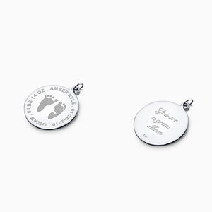 Engravable 1 inch, 14k White Gold Disc Charm Pendant with Actual Baby Footprints Engraved on the Front and Text Inscription on the Back