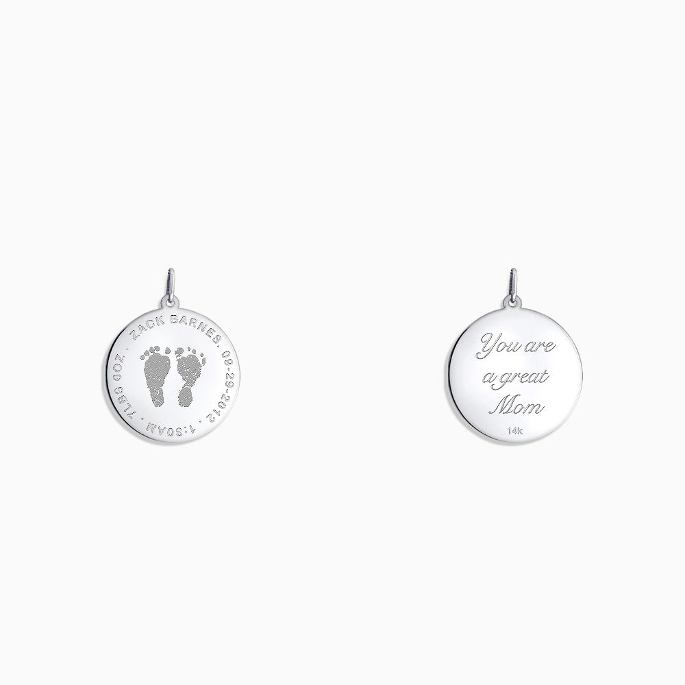 Engraved 7/8 inch 14k White Gold Disc Charm Pendant with Actual Baby Footprints