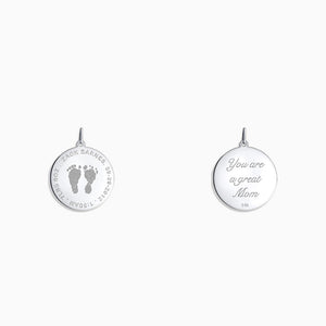 Engraved 7/8 inch 14k White Gold Disc Charm Pendant with Actual Baby Footprints - Personalize the Front and Back