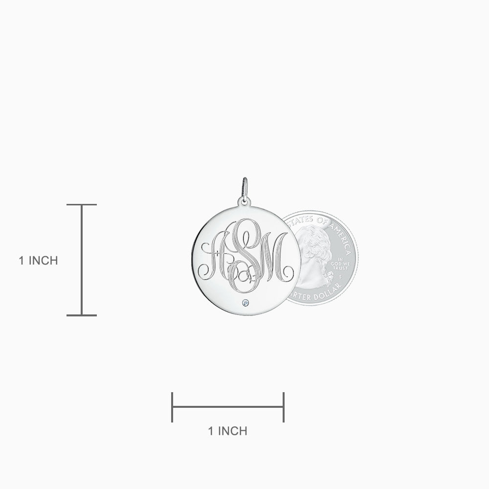 Engravable 1 inch Sterling Silver Monogram Disc Charm Necklace with Single Diamond