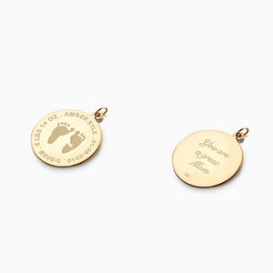 Engravable 1 inch 14k Yellow Gold Disc Charm Pendant with Actual Baby Footprints Engraved on the Front and Text Inscription on the Back