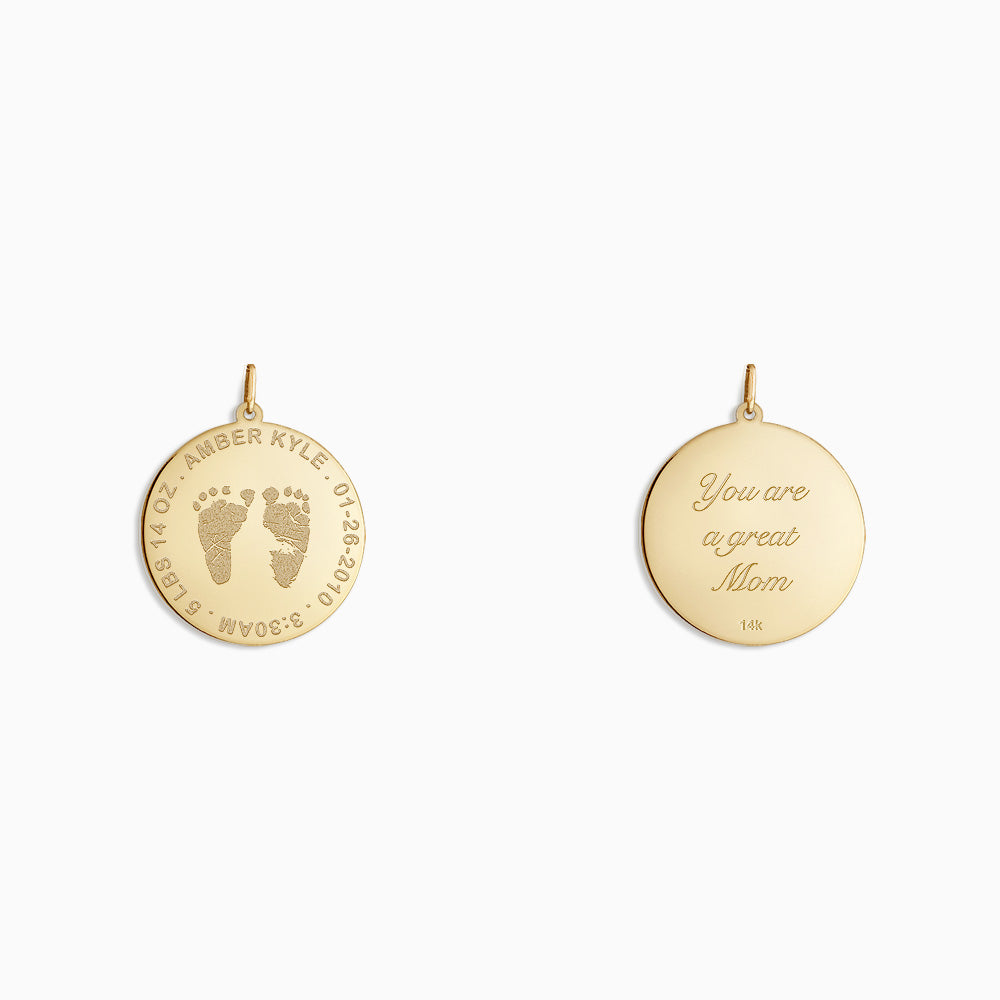 Engravable 1 inch 14k Yellow Gold Disc Charm Pendant with Actual Baby Footprints - PY130422