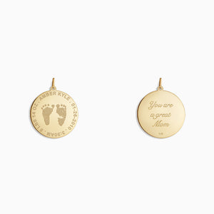 Engravable 1 inch 14k Yellow Gold Disc Charm Pendant with Actual Baby Footprints - PY130422 - Custom Engraving on Front and Back