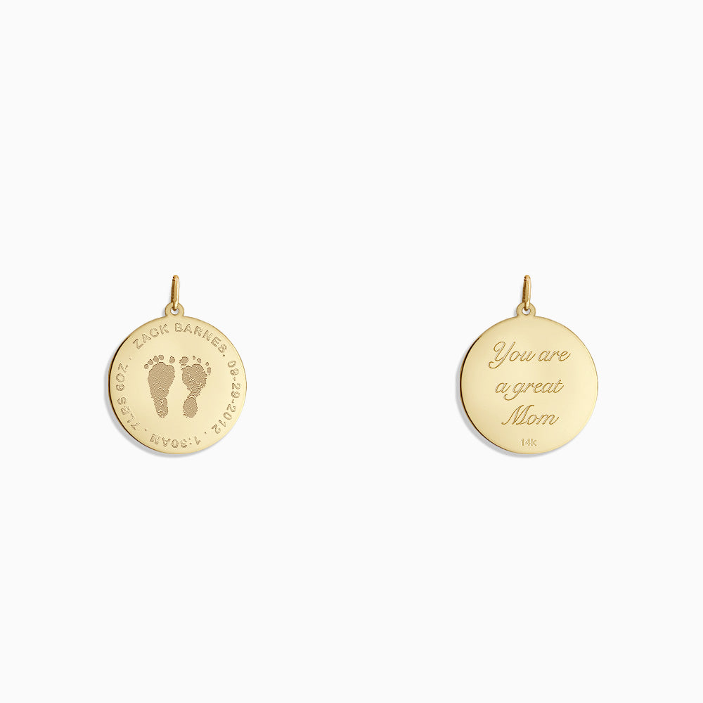 Engravable 7/8 inch, 14k Yellow Gold Disc Charm Pendant with Actual Baby Footprints - PYG130423