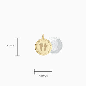 Engravable 7/8 inch, 14k Yellow Gold Disc Charm Pendant with Actual Baby Footprints - Pendant Size Detail