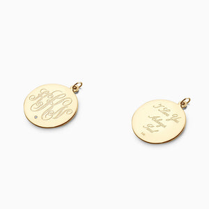 Engravable 1 inch 14k Yellow Gold Monogram Disc Charm Pendant with Single Diamond - Monogram Front with Initials - Engrave Back with Text, Artwork or Handwriting.