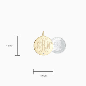 Engravable 1 inch 14k Yellow Gold Monogram Disc Charm Pendant with Single Diamond - Pendant Size - 1 inch Diameter (25 mm).