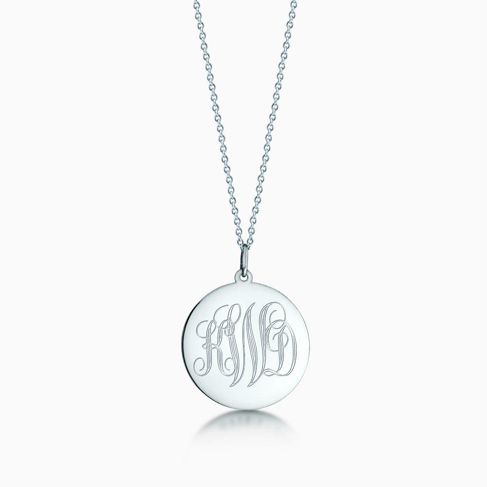 7/8 inch 14k White Gold Monogram Engraved Disc Charm Necklace
