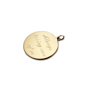 Engravable 7/8 inch 14k Yellow Gold Interlocking-Script Monogram Disc Charm Pendant - PYG081216 with Text Inscription on Back
