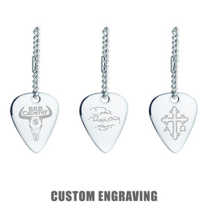 Custom Engraved Mens Sterling Silver Guitar Pick Pendant w/ Bead Chain Extension