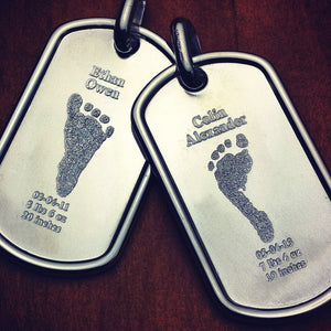 Men's Sterling Silver Dog Tags Custom Engraved with Baby Footprints and Birth Details