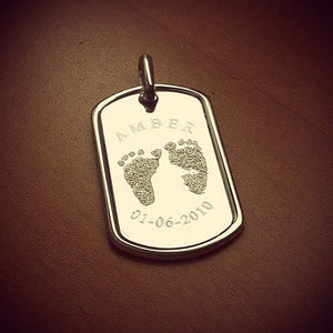 Sterling Silver Dog Tag for a New Father Engraved with Actual Baby Footprints and Birth Details