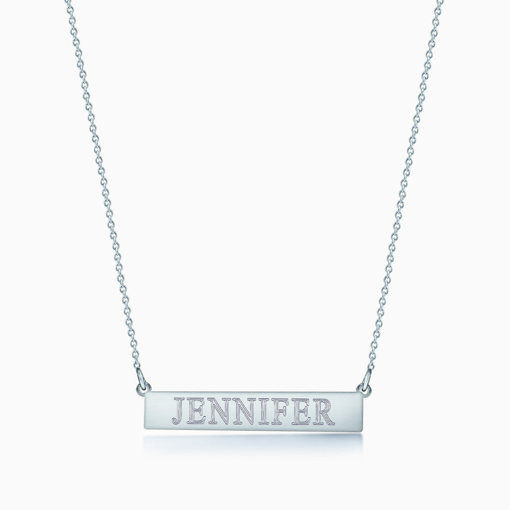 1.25 inch, 14k White Gold Personalized Horizontal Name Bar Necklace Engraved with 2 Names and a Heart Symbol