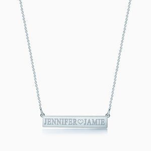 1.25 inch, 14k White Gold Personalized Horizontal Name Bar Necklace Engraved with 2 Names and a Heart Symbol