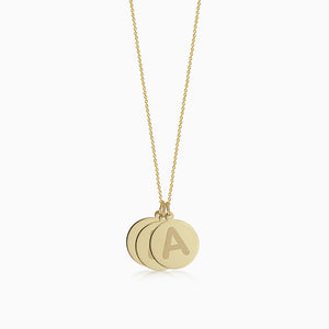 Tripple 1/2 inch, 14k Gold Etched Initial Disc Charm Necklace