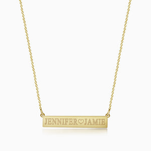 1.25 inch, 14k Yellow Gold Personalized Horizontal Name Bar Necklace - Engraved with two names and a heart symbol
