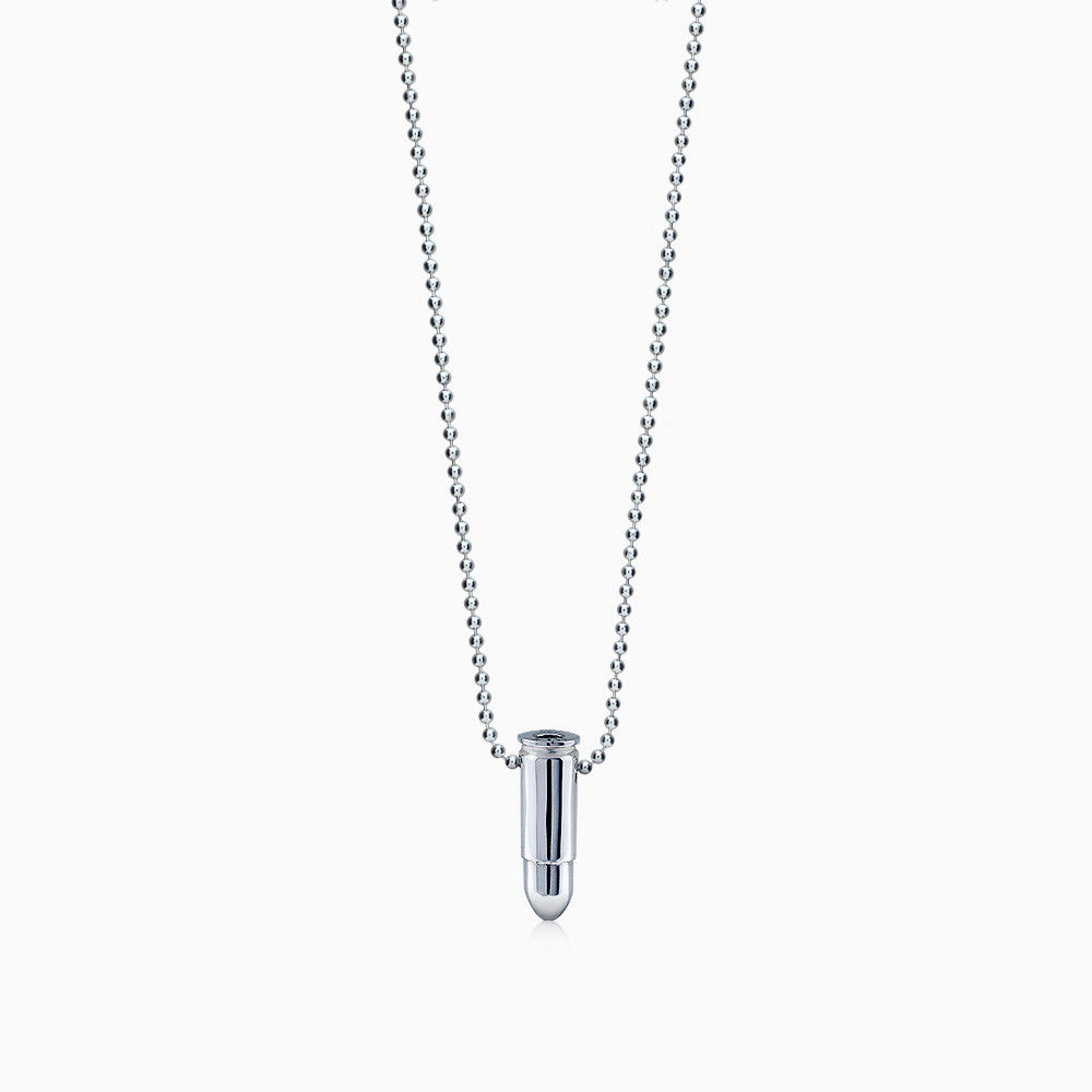 Mens Sterling Silver 9 mm Bullet Necklace w/ Bead Chain (Engravable)