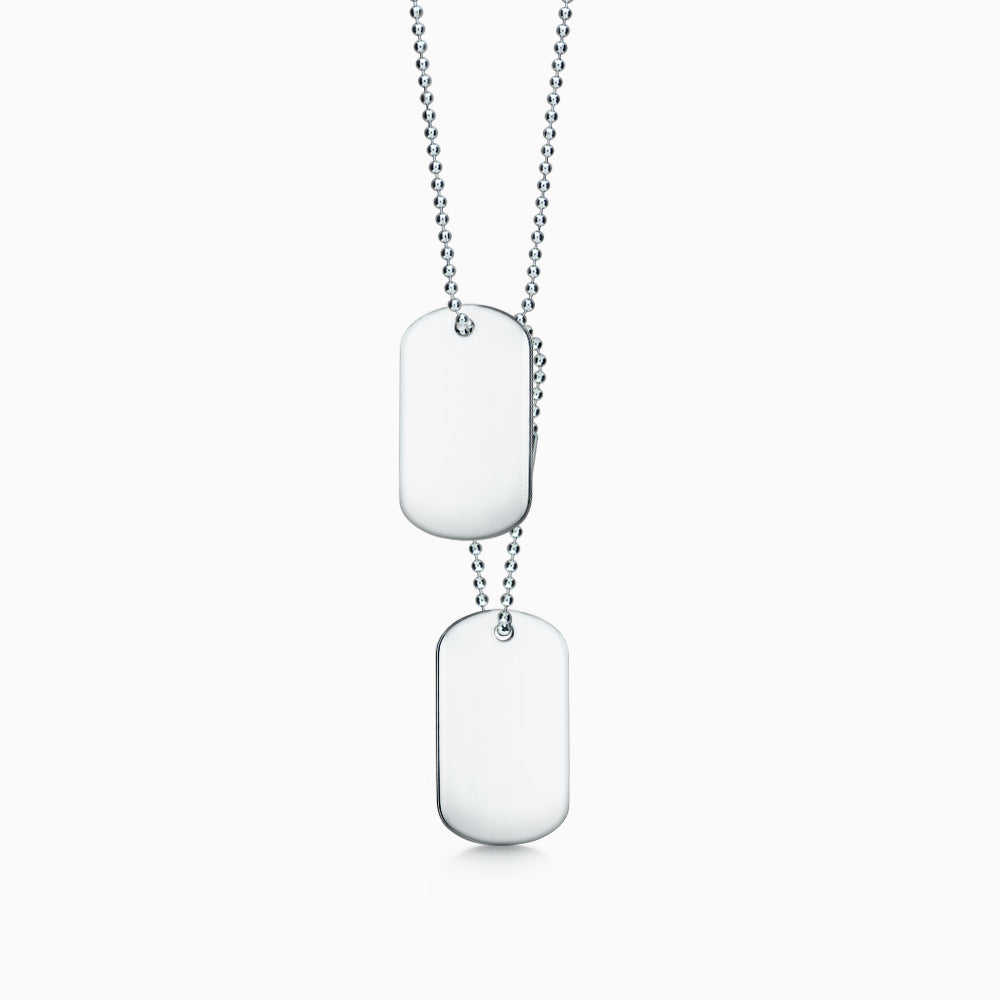Engravable Men's Double Sterling Silver Smooth-Edge Dog Tag Slider Necklace w/ Military Ball Chain and Extension
