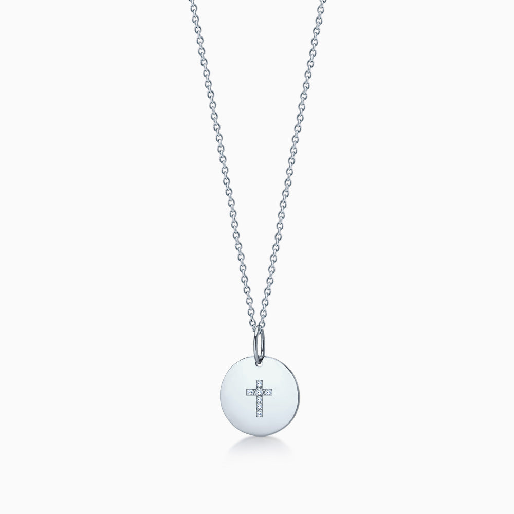 1/2 inch 14k White Gold Disc Charm Necklace with Diamond Cross (Engravable)