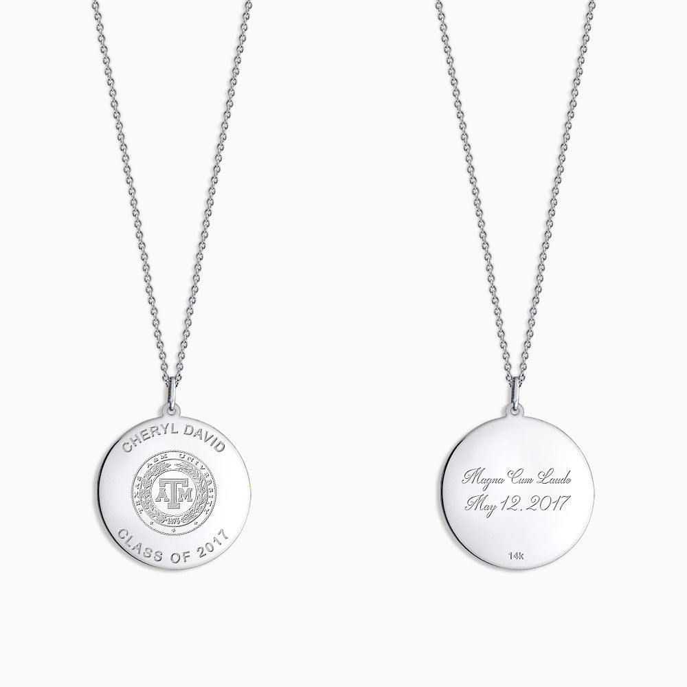 Engravable 1 inch 14k White Gold Custom Graduation Disc Charm Necklace with Cable Chain (NWG210602)