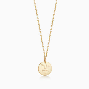 Back of 1/2 inch 14k Yellow Gold Disc Charm Necklace with Diamond Cross Engraved with Handwriting