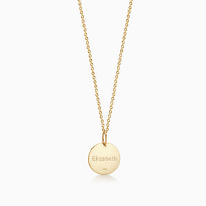 Back of 1/2 inch 14k Yellow Gold Disc Charm Necklace with Diamond Cross Engraved with a Name