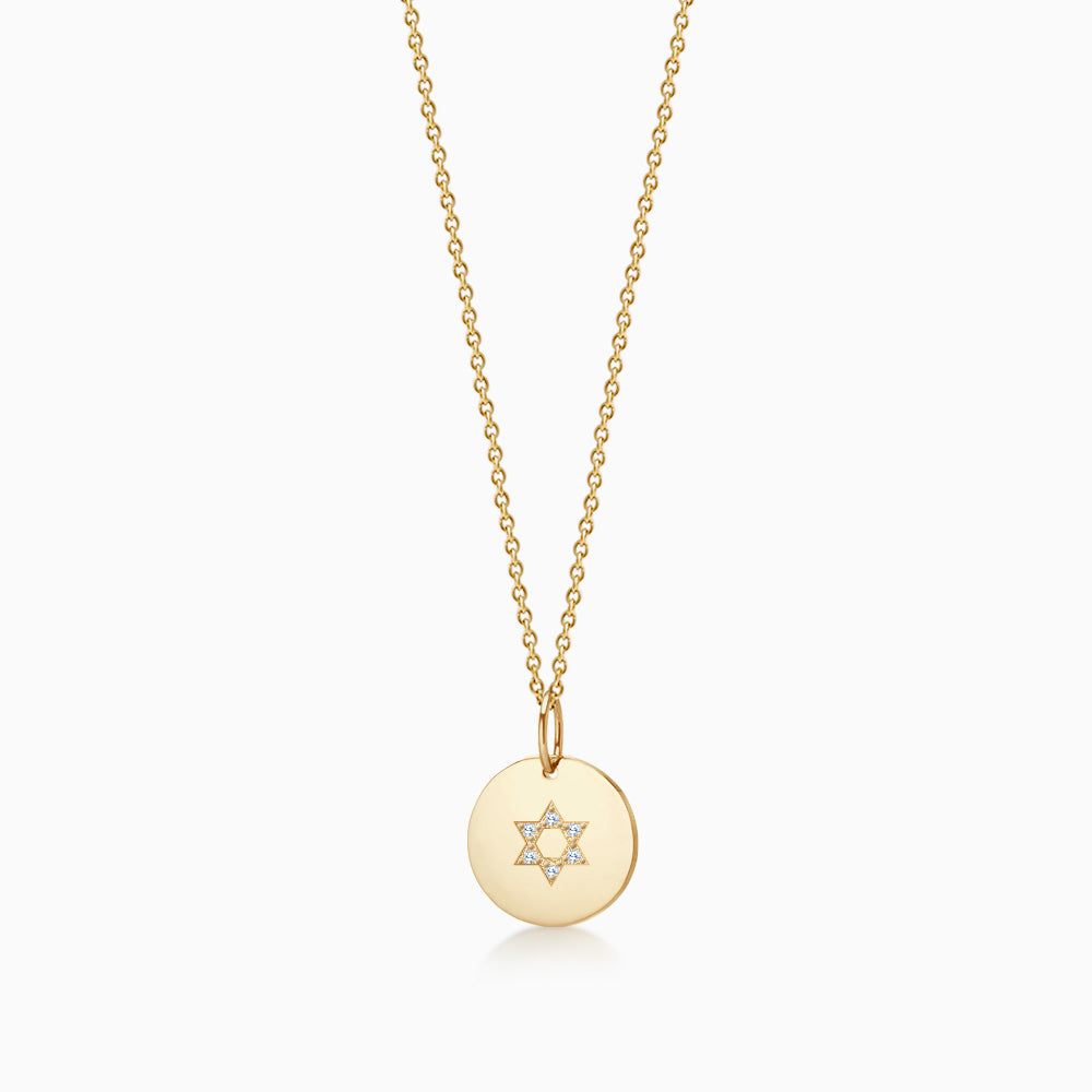 1/2 inch 14k Yellow Gold Disc Charm Necklace with Diamond Star of David (Engravable)