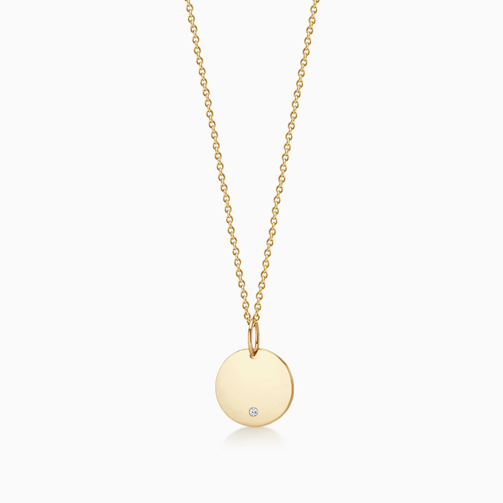 1/2 inch 14k Yellow Gold Disc Charm Necklace with Single Diamond (Engravable)