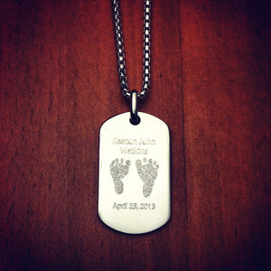 Men's Sterling Silver Flat Edge Dog Tag Necklace w/ Ball Chain - Medium - NSL060801 - Custom Engraved with Baby Footprints and Birth Details