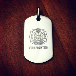 Men's Sterling Silver Flat Edge Dog Tag Custom Engraved with Fire Department Crest