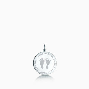7/8 inch, 14k White Gold Custom Engraved Baby Footprint Charm Pendant