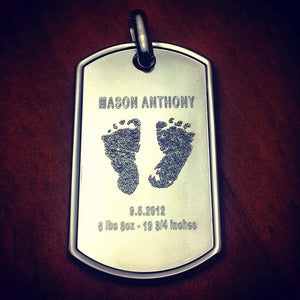 Men's Sterling Silver Dog Tag Engraved with Baby Footprints and Birth Details