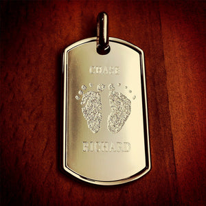 Men's Sterling Silver Dog Tag Engraved with Baby Footprints and Name