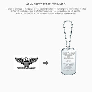 Large Engravable Mens Sterling Silver Dog Tag Slider with Raised Edge and Extension Chain - Custom Engraving Instructions for Army Crest Logo