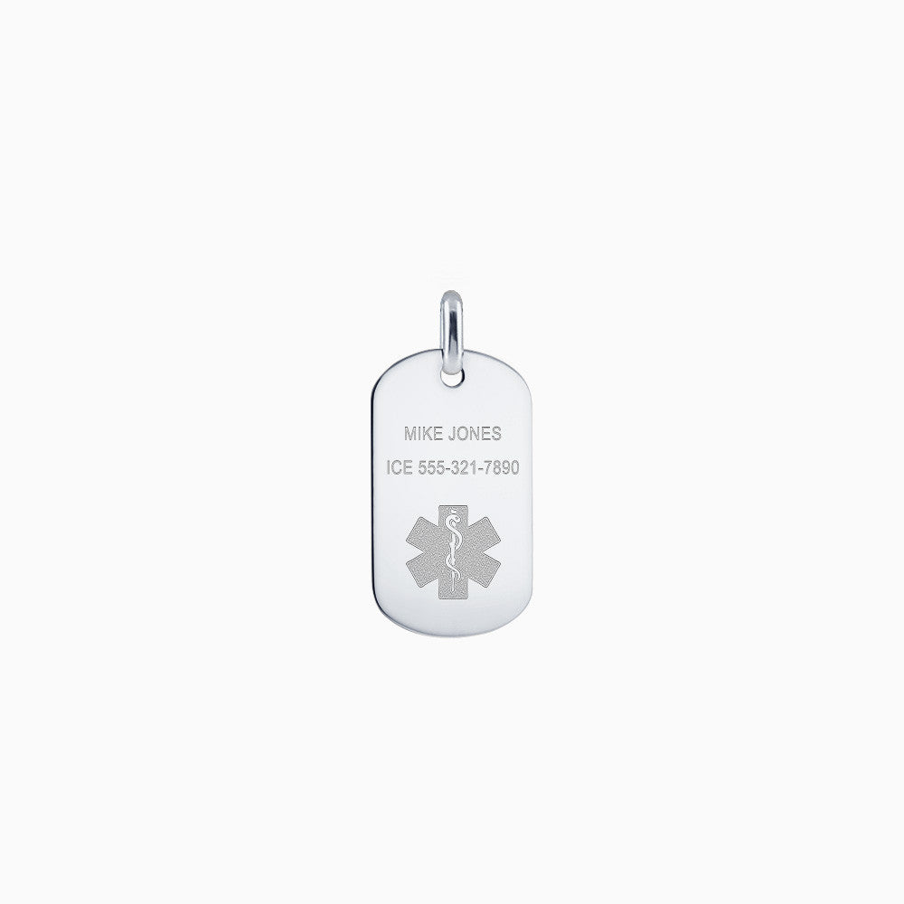 Engravable Men's Flat-Edge 14k White Gold Medical Alert Dog Tag with Star of Life Symbol - Medium
