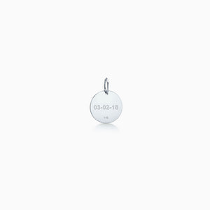 1/2 inch 14k White Gold Disc Charm Pendant with Diamond Cross - Back engraved with a date