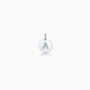 Engravable 1/2 inch 14k White Gold Disc Charm Pendant with Diamond Initial