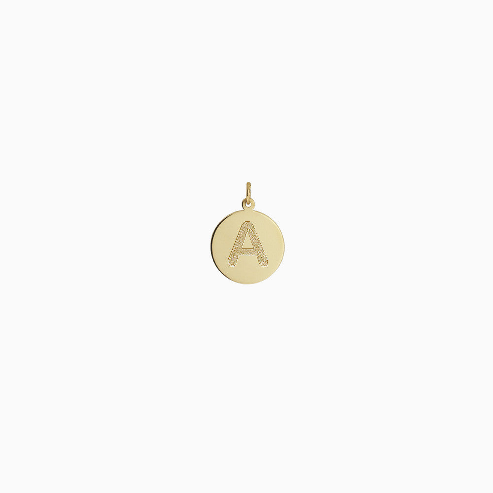 1/2 inch, 14k Yellow Gold Etched Initial A Disc Charm Pendant
